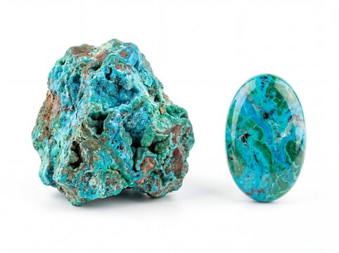 Natural chrysocolla gemstone faceted and rough 