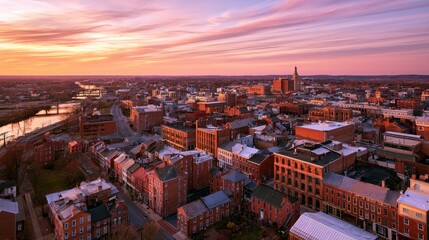 Obraz premium Evening aerial perspective of York's urban core, Pennsylvania, with red brick blocks and river reflections