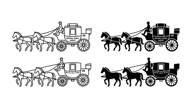 Vintage Coach: A set of four vintage coach illustrations, featuring horse-drawn carriages with drivers and passengers, presented in both line art and silhouette styles.
