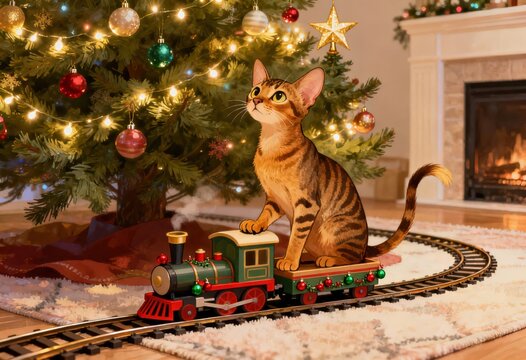 Abyssinian cat sitting on a toy train set under a decorated christmas tree with abyssinian, domestic