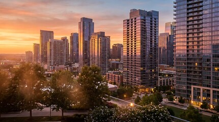 Fototapeta premium Modern city skyline with tall buildings and skyscrapers during a beautiful colorful sunset in the evening light