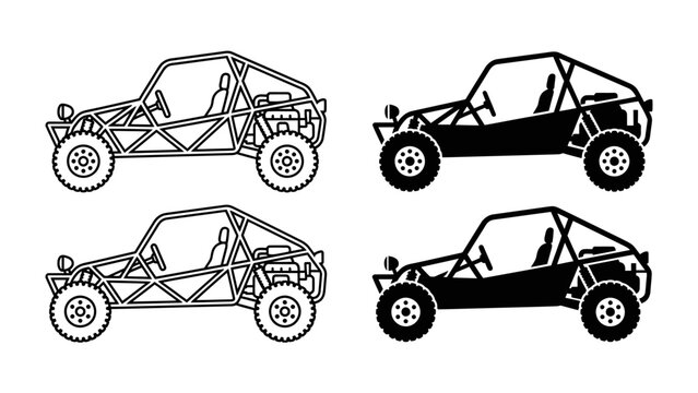 Off-road Buggy Set: A collection of four off-road buggy vehicles, presented in both outline and silhouette styles, ready for adventure and exploration on rugged terrain.