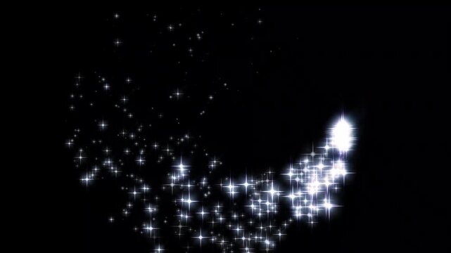 Glowing 2D star sparkle animation, particles magic tail sparkling glitter star, shining twinkle dust bursts, White glitter star sparkles line fantasy light motion black background, 4k loop