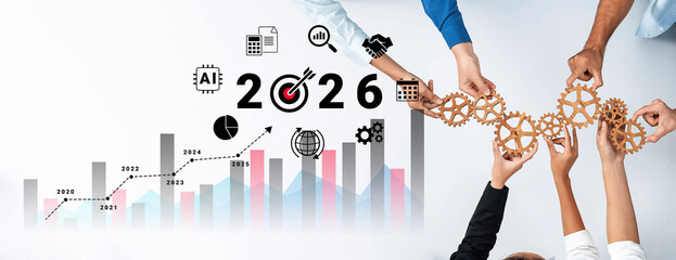 Obraz premium Bar graphs, charts, and number 2026 with AI and data analysis icons symbolizing future business innovation and analytics Parse