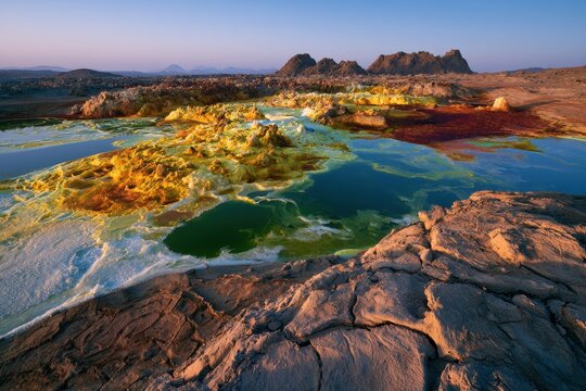 Dallol volcanic landscape at sunrise: vibrant mineral colors and stark desert horizon in Ethiopia
