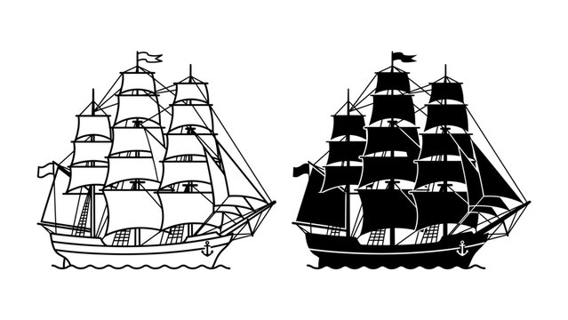 Vintage Tall Ships: Two intricately detailed illustrations of vintage tall ships, one in black and white outline and the other in silhouette.