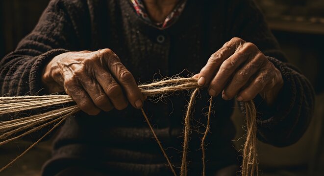 Close up of hands weaving and processing raw jute fibers into traditional twine or string