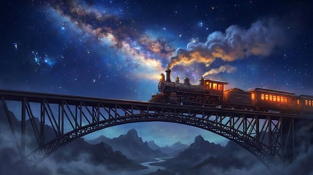 Old steam train crossing a bridge at night under a bright starry sky with the galaxy visible above the dark landscape