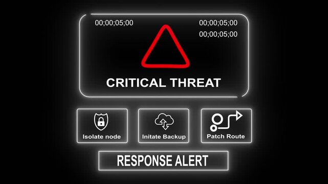  response notification on digital interface in data center server room with isolate node initiate backup patch route options. glowing neon lights cybersecurity hacking Warning