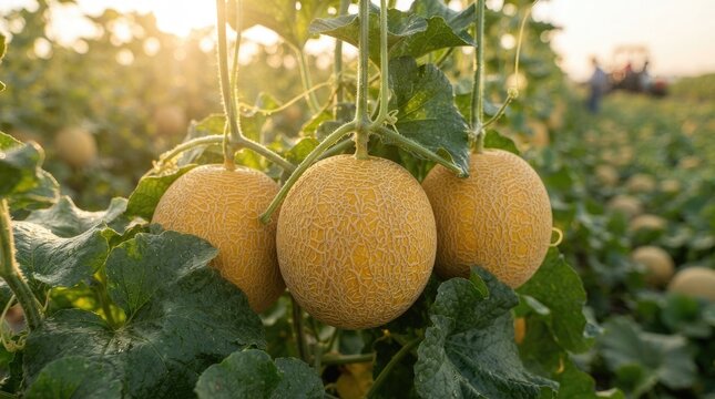Cantaloupe harvest ripe melons hanging on vines in agricultural field