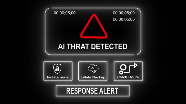  response notification on digital interface in data center server room with isolate node initiate backup patch route options. glowing neon lights cybersecurity hacking Warning