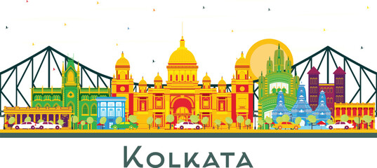 Vibrant of kolkata skyline with colorful buildings and golden domes under blue sky india city skyline © CreativeNest