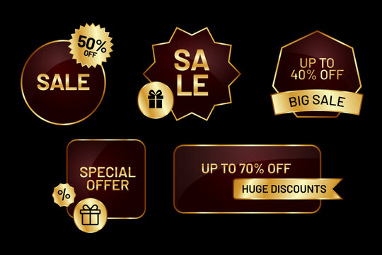 Luxury sale labels with gold discount badges and promotional stickers. Vector collection for special offers, shopping, retail, ecommerce, discounts, gifts, marketing and seasonal sales.