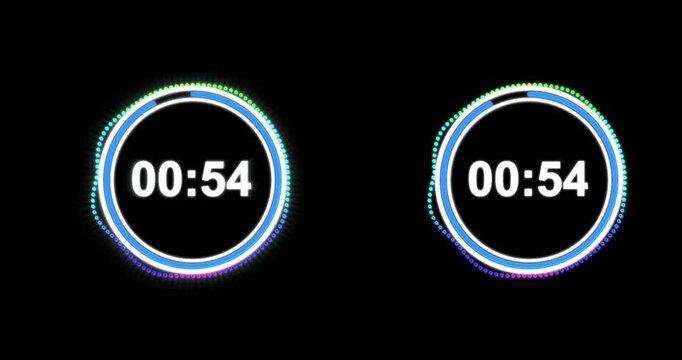 One Minute Countdown Timer. Digital Neon Circle Stopwatch Countdown. 60 Second Timer Animation From 60 To 0. Seamless 4K Loop For Sports Events, Broadcast Overlays, Streaming, And Presentations.