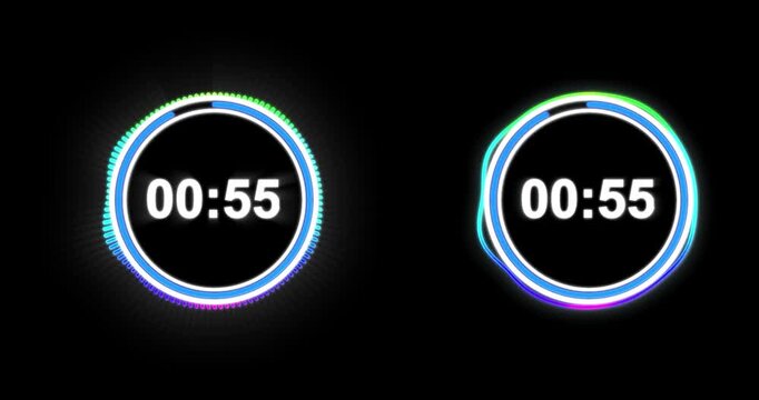 One Minute Countdown Timer. Digital Neon Circle Stopwatch Countdown. 60 Second Timer Animation From 60 To 0. Seamless 4K Loop For Sports Events, Broadcast Overlays, Streaming, And Presentations.