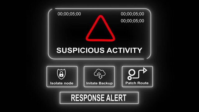 Suspicious Activity response notification on digital interface in data center server room with isolate node initiate backup patch route options. glowing neon lights cybersecurity hacking Warning