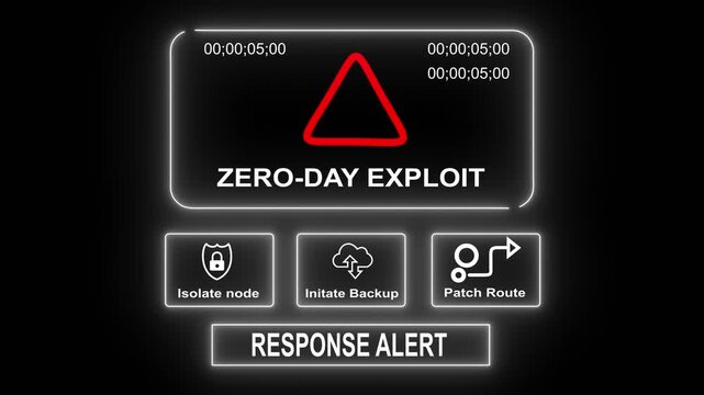 Zero Day Exploit response notification on digital interface in data center server room with isolate node initiate backup patch route options. glowing neon lights cybersecurity hacking Warning