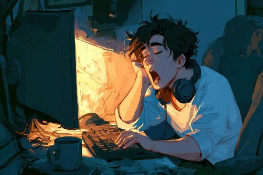 Bored gamer yawning at a computer desk in a dimly lit home gaming setup