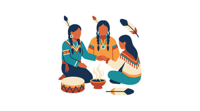 Native American women in traditional attire holding hands around a fire, drum and feathers