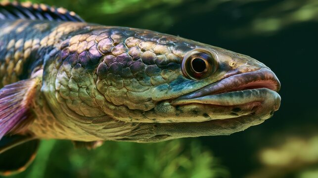 Intimate macro portrait of a freshwater snakehead showing textured scales and glossy skin