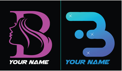 Obraz premium Letter b with woman profile silhouette and number 3 with blue gradient and sparkling star typography