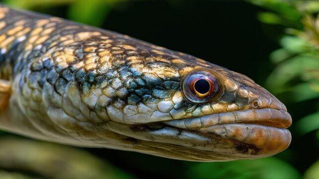 Macro close-up of a snakehead fish (Channa lucius) in clear freshwater with detailed scales and piercing eye