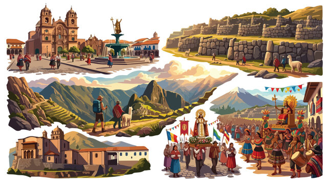 Cusco Peru travel map illustration showcasing ancient Inca ruins, vibrant cultural festivals, and stunning Andean mountain landscapes