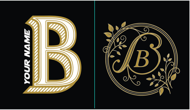 Letter b a bold serif typography with hatching and a gold calligraphic monogram in a circle alphabet