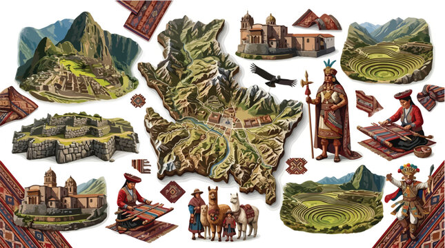 Cusco Peru travel poster illustration featuring Machu Picchu, Moray, Inca culture, traditional weaving, llamas, and a detailed map of the Andean region.