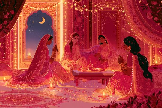 Cultural Karva Chauth background: soft glow, floral decor, and traditional attire creating a joyful ceremonial mood