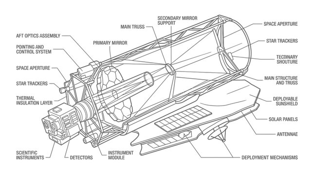 Space Telescope Diagram: Cutaway View of Complex Observatory with Labeled Components