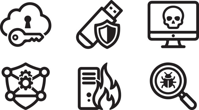 Set of black and white computer security and cyber threat icons
