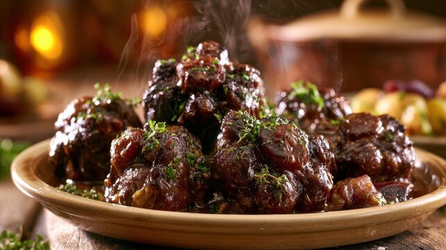 Rich braised oxtail stew with herbs served in a rustic bowl on a wooden table