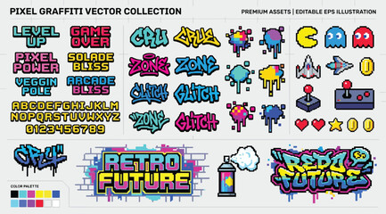 Pixel graffiti vector collection of retro gaming elements and typography © S.Siam