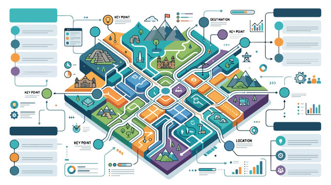 Isometric travel map infographic for strategic planning and tourism, featuring key points, destinations, and diverse landscapes with cultural landmarks like Cusco.