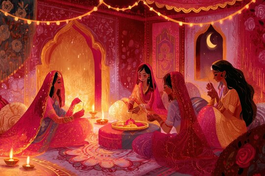 Karva Chauth ambiance: intimate celebration in a cozy home with diya lamps, rangoli, and bright sarees