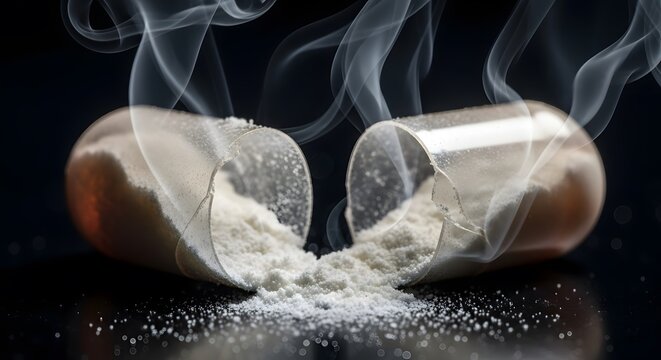 A broken medical capsule releasing fine white powder with swirling wisps of smoke captured in a detailed macro studio shot