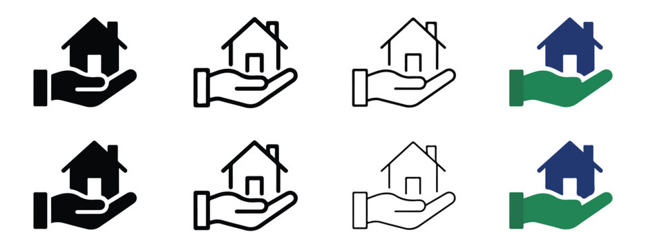 hand holding house icons in various line styles and colors for real estate and property concepts  various designs