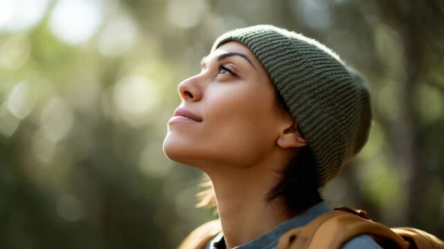 Young female hiker pausing during woodland trek, breathing fresh summer air, wearing green beanie and yellow backpack while experiencing serene forest landscape and personal nature connection