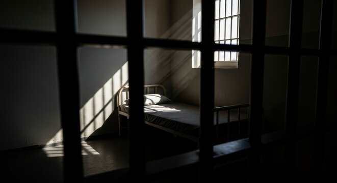 View from inside a dark prison cell with a bed and barred window