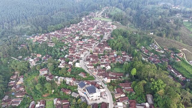 Aerial photo of a rural hillside village nestled in lush green forest with winding roads, clustered red-roof houses and terraced fields conveying peaceful countryside life and natural landscape