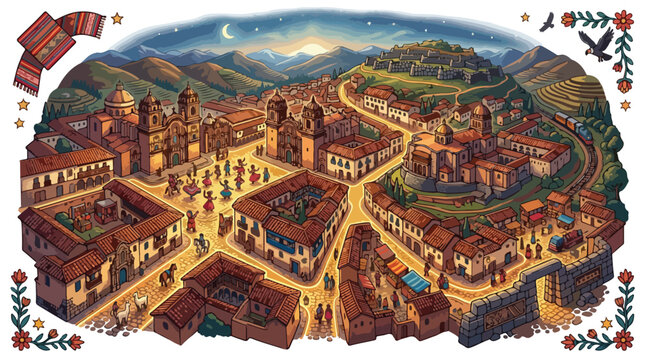 Vibrant illustration of a traditional Peruvian town at dusk, showcasing a lively plaza, historic architecture, and Andean landscape, perfect as a detailed Cusco map poster.
