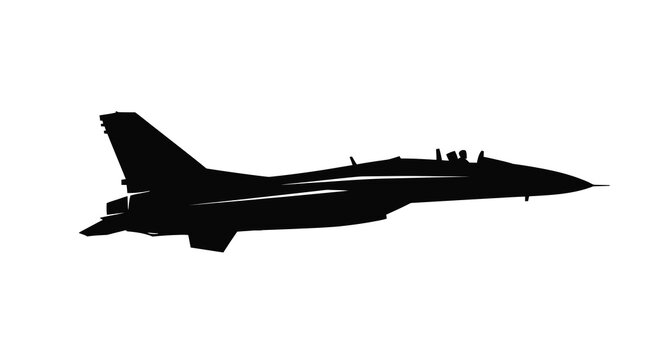 Military jet aircraft in side profile a stark black shape against a white background silhouette airplane fighter aviation aerospace plane