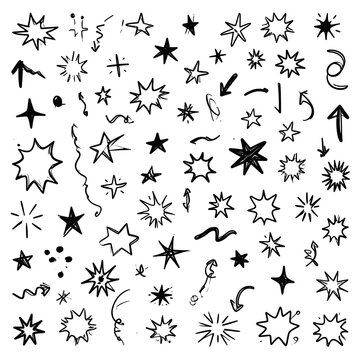A collection of 50 unique black line art illustrations of stars, arrows, and decorative elements on a white background