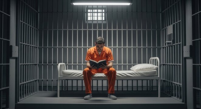 Prisoner in orange jumpsuit sitting on a bed reading a book inside a jail cell