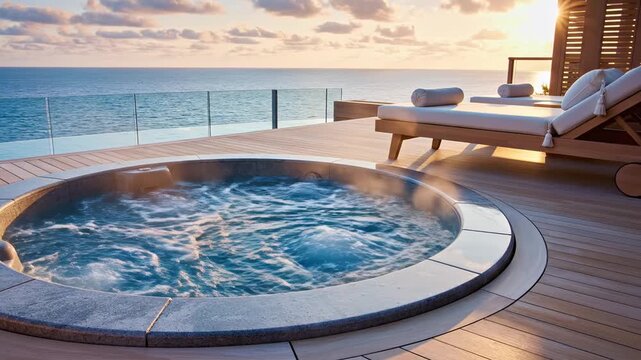 Outdoor hot tub on wooden deck by sea at sunset, sun loungers nearby. Focus on spa, wellness ritual, hydrotherapy comfort for travel ads, hotel promotion, lifestyle posts, social concepts