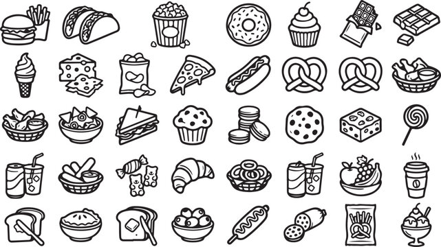 Set of hand drawn doodle food and drink icons for restaurant menu or website design elements