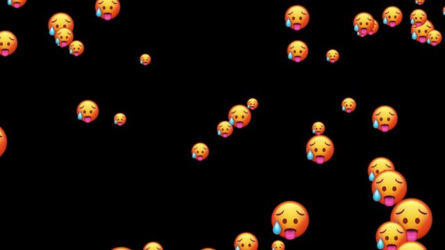 Crying face emoji pattern on dark background, emotional digital illustration with expressive depth and use for world emoji day