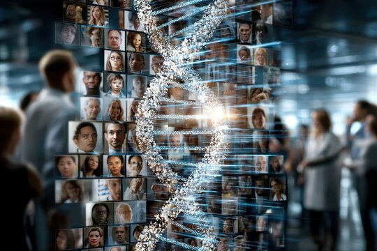Diverse faces and DNA strands intertwine in a futuristic laboratory environment