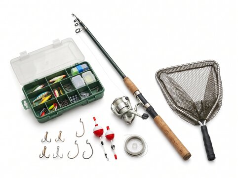 Fishing Gear Assortment: A comprehensive collection of fishing equipment, including a rod and reel, tackle box filled with lures and hooks, floats, and a fishing net.